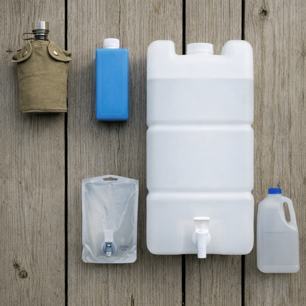 Various water bottles and containers labeled with brand names and capacities arranged in rows on wooden floor
